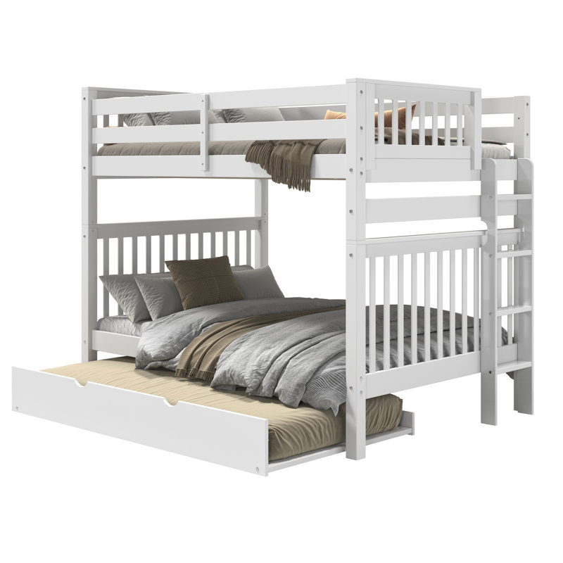 Tena Solid Wood Standard Bunk Beds Full over Full with 4 Step Ladder and a Twin Trundle, White, White