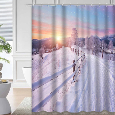 Winter Road Snow Trees January Beautiful Shower Curtain with 12 Hooks