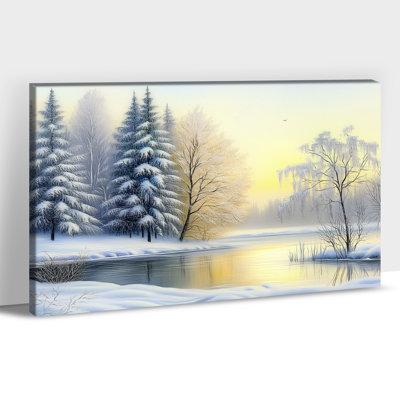 Grand paysage d'hiver, art mural sur toile pour le salon, chambre à coucher, arbres enneigés, peinture au lever du soleil, affiche de Noël de Noël