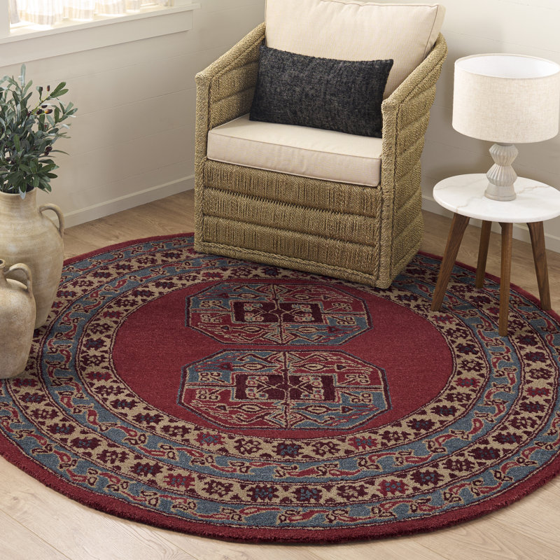 Tapis oriental rouge en laine / coton / latex touffeté à la main Wahcheechee, Rond 6 pi