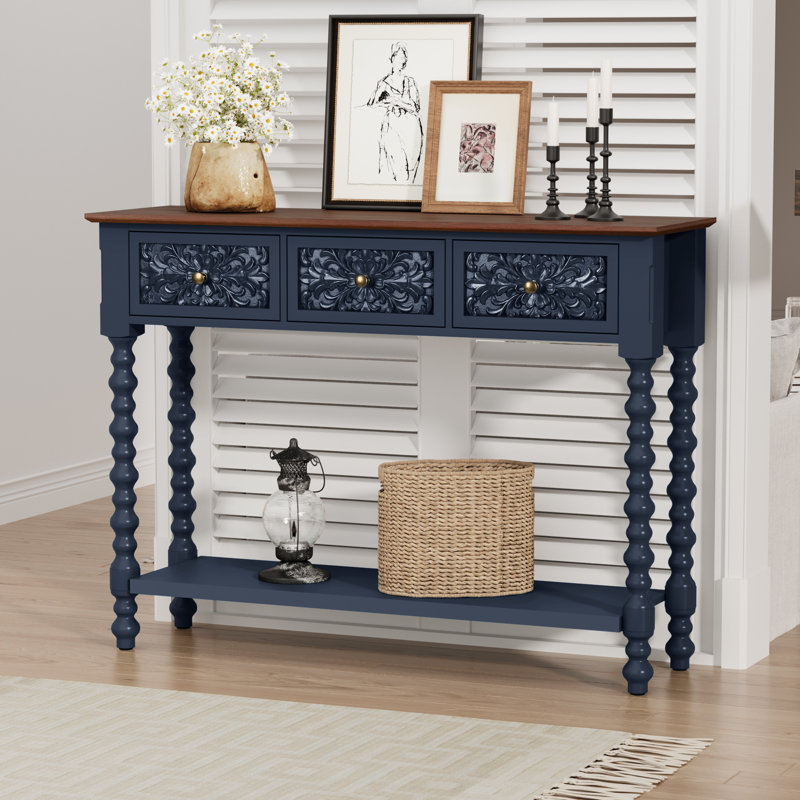 Console 42 po avec 3 tiroirs et détails botaniques sculptés à la main, table d'appoint en bois avec rangement et pieds fuselés, bleu