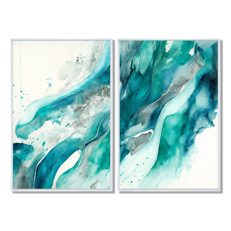 Turquoise Waves In Paradise I - décoration murale moderne verte, 36" H x 48" W, Impression encadrée flottante, White