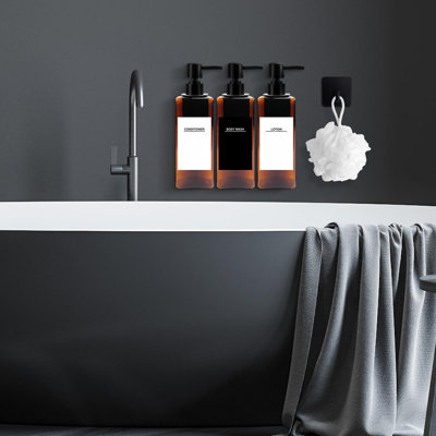 Distributeur de shampoing et de revitalisant, sans perçage, pour douche murale, distributeur de savon mural à 3 compartiments, salle de bain (ambre)