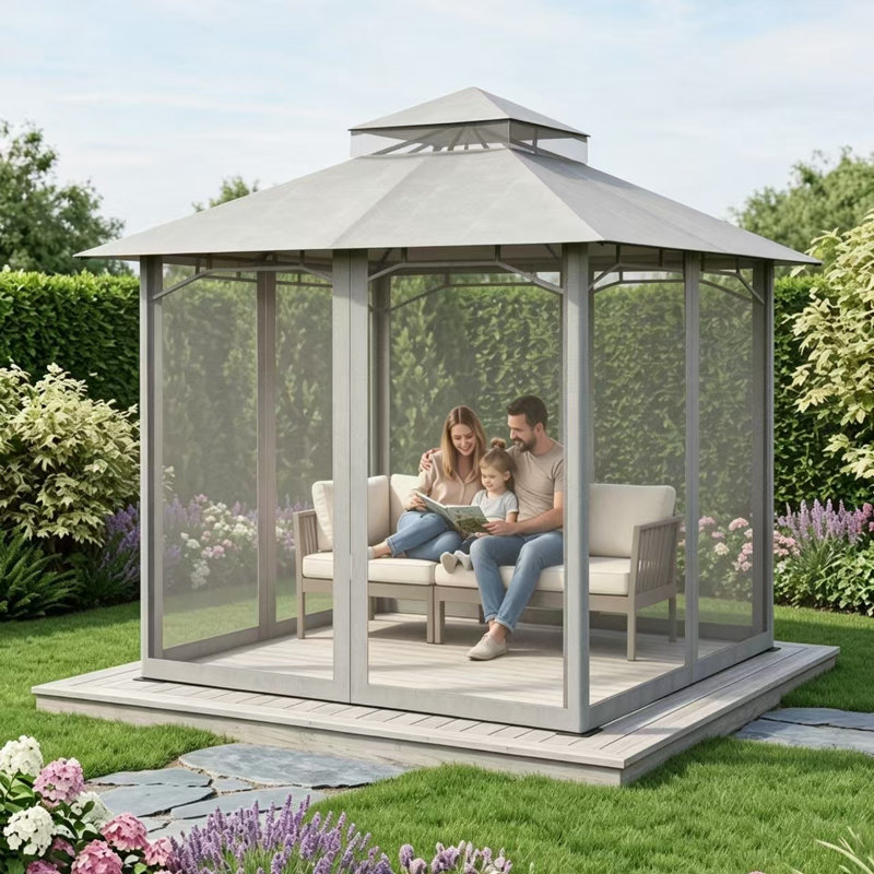 Pavillon de jardin 8 pi x 8 pi à toit souple avec double toit et moustiquaire, auvent extérieur robuste en métal, abri de tente pour patio