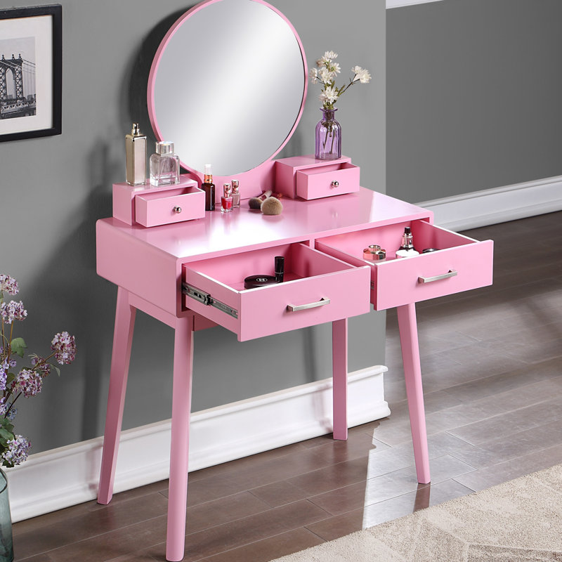 Liannon Contemporary Wood Vanity And Stool Set, Makeup Vanity, Pink