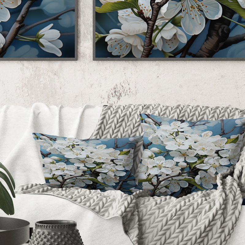 Pomme de fleur monochromatique Elegance XXIX - Coussin décoratif imprimé de fleurs de pommier