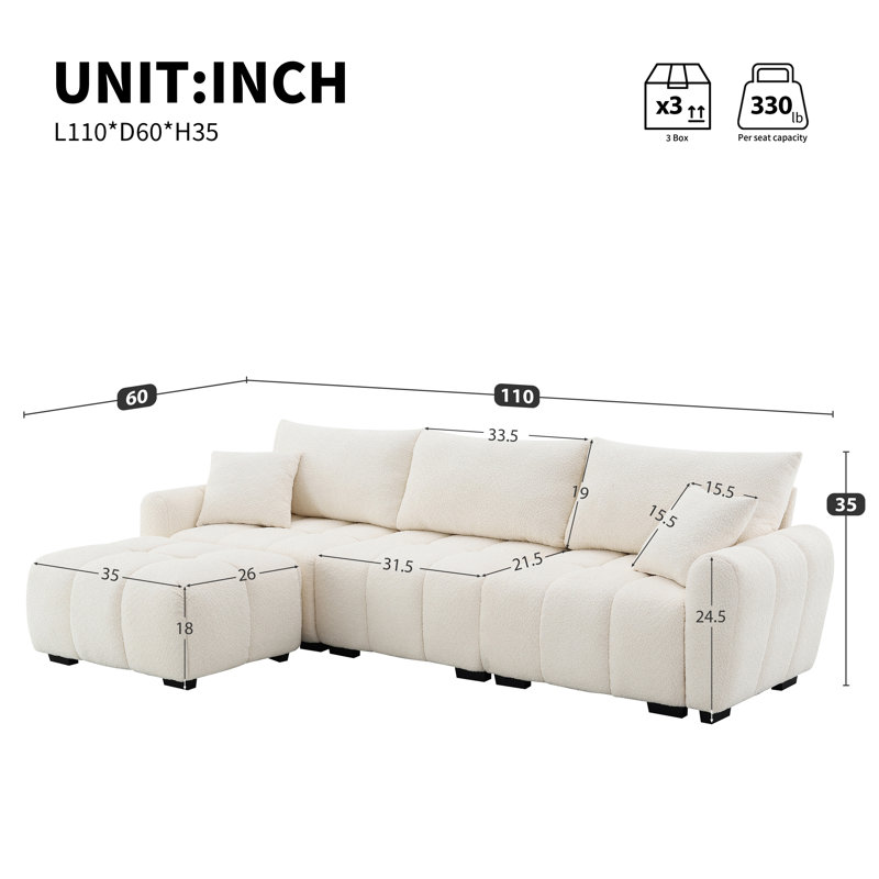 Canapé modulaire en forme de L de 110 po, repose-pieds mobile, Crème