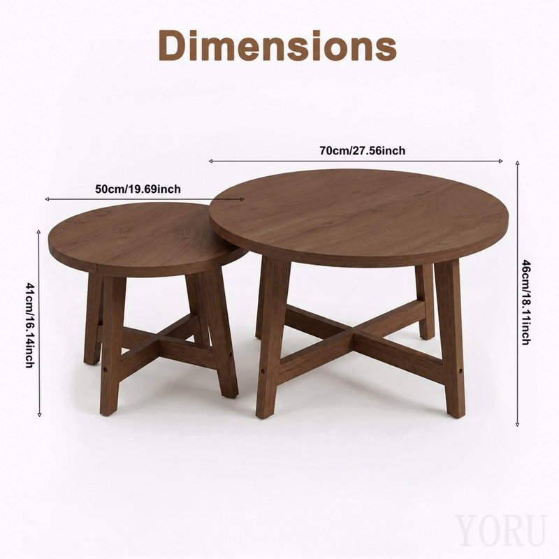 Ensemble de 2 tables basses gigognes rondes, fini noyer, tables d'appoint modernes, structure en X, empilables, idéales pour le salon, la chambre ou le balcon.
