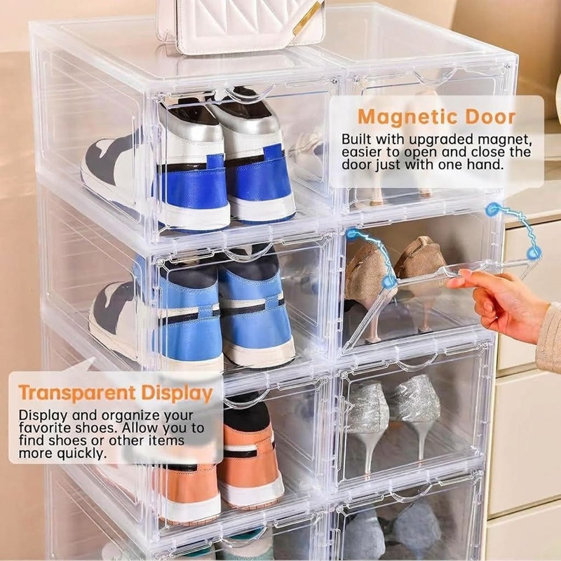 12-Pack XL Clear Shoe Storage Boxes, Stackable Plastic Drop-Front Shoe Organizer with Magnetic Doors, Ventilated Sneaker Display Cases