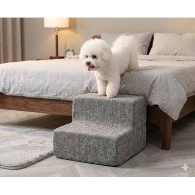Marches en mousse pour petites canines et félins, marchepied intérieur antidérapant pour animaux de compagnie, conception équilibrée, aucun assemblage requis, finition en lin gris cendré, deux marches (12 pouces de haut)