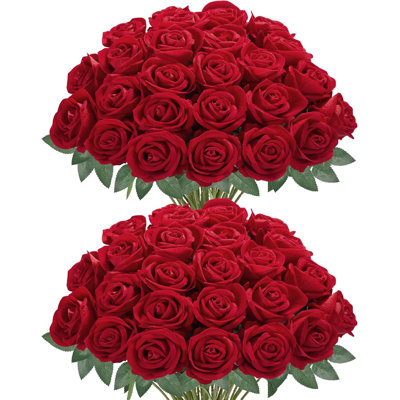 50 Pcs Red Roses Artificial Flowers, Fake Velvet Silk Rose Bulk Faux Flower for Valentine's Gift Decoration DIY
