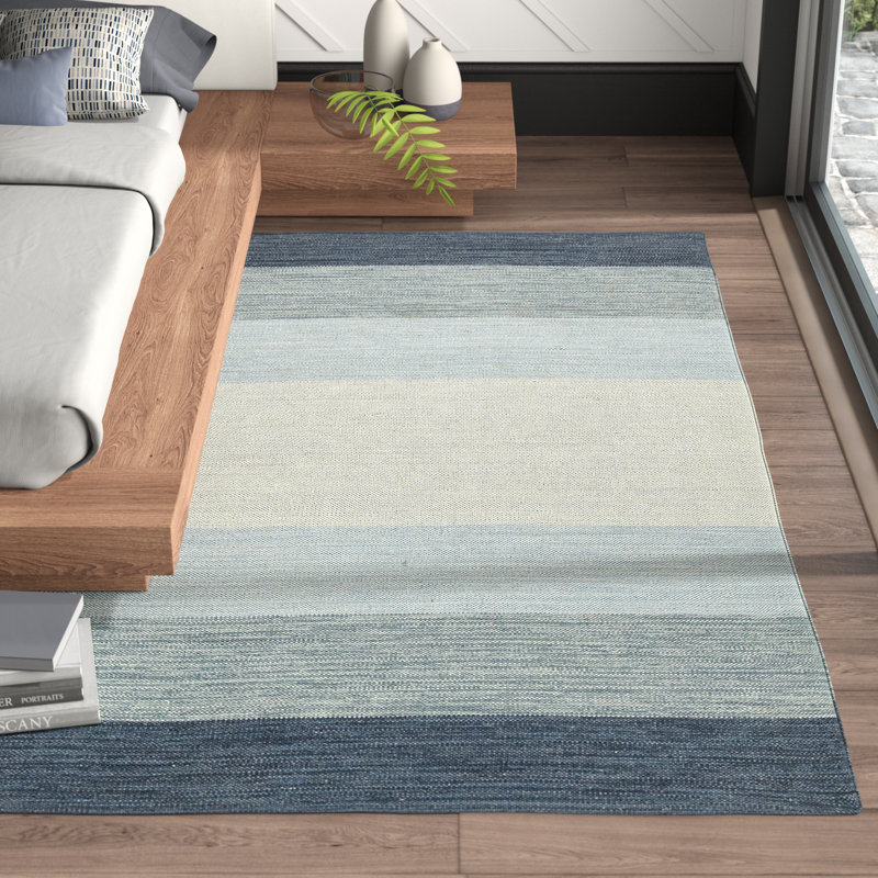 Temme Hand Woven Cotton Area Rug, Rectangle  7'9" x 10'6", Blue Striped