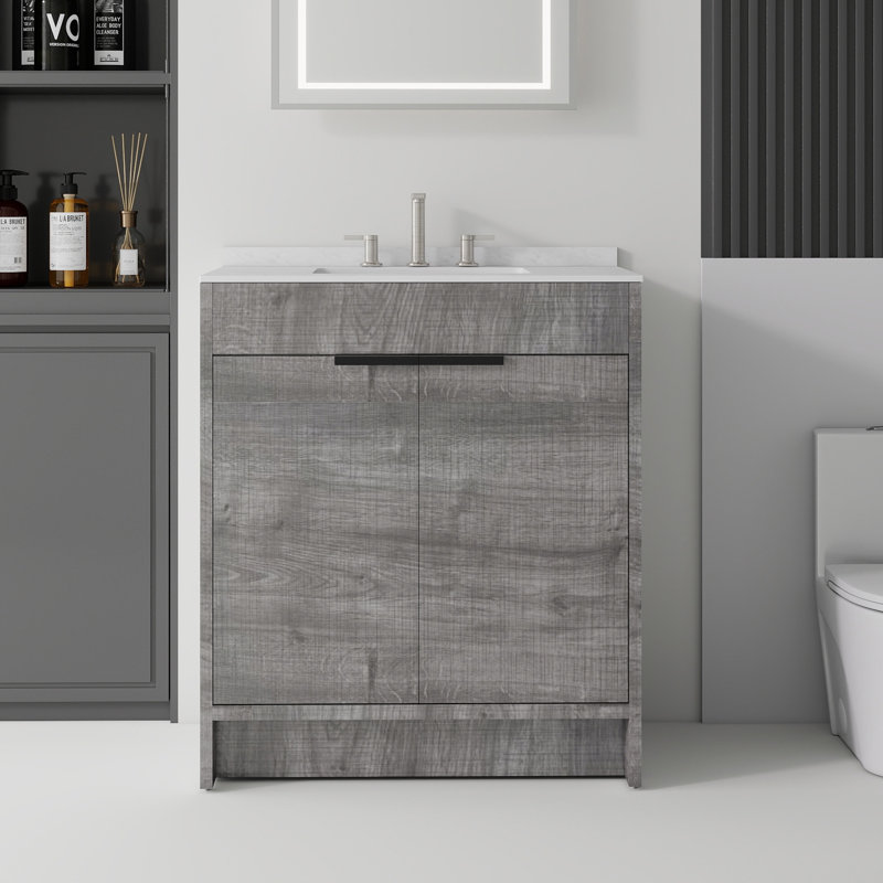 Meuble-lavabo autoportant avec lavabo, Gris clair, 30"