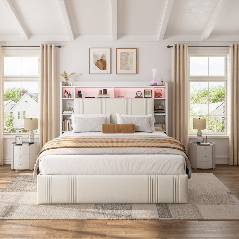 Upholstered Bed Frame With Headboard And Led Lights, Storage Bed With 4  Drawers And Open Shelves, Led Bed With Charging Station