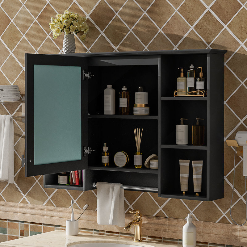 Armoire de salle de bain avec miroir, armoire murale avec tablette réglable et porte à fermeture en douceur, Noir