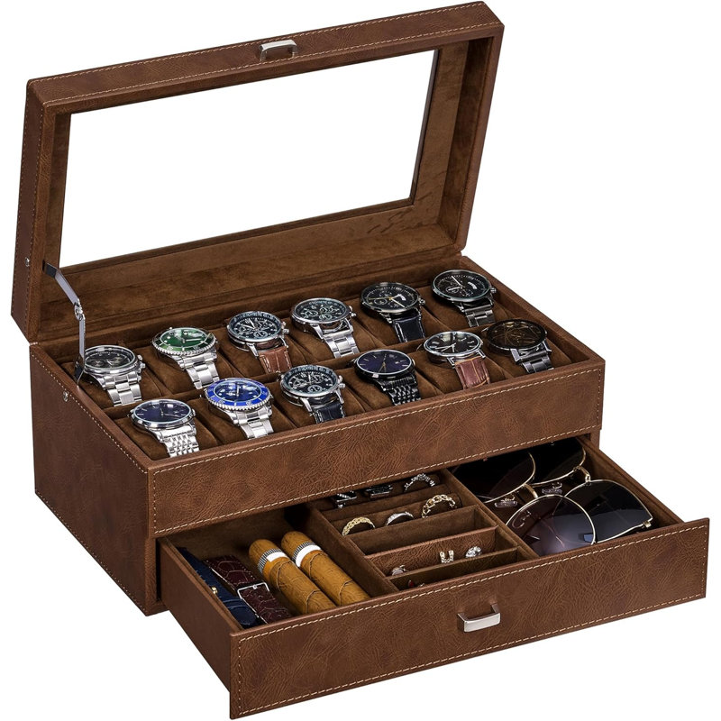 Boîte à bijoux à 12 fentes pour montre, boîtier de montre avec grand couvercle en verre, boîte à bijoux pour homme à 2 couches