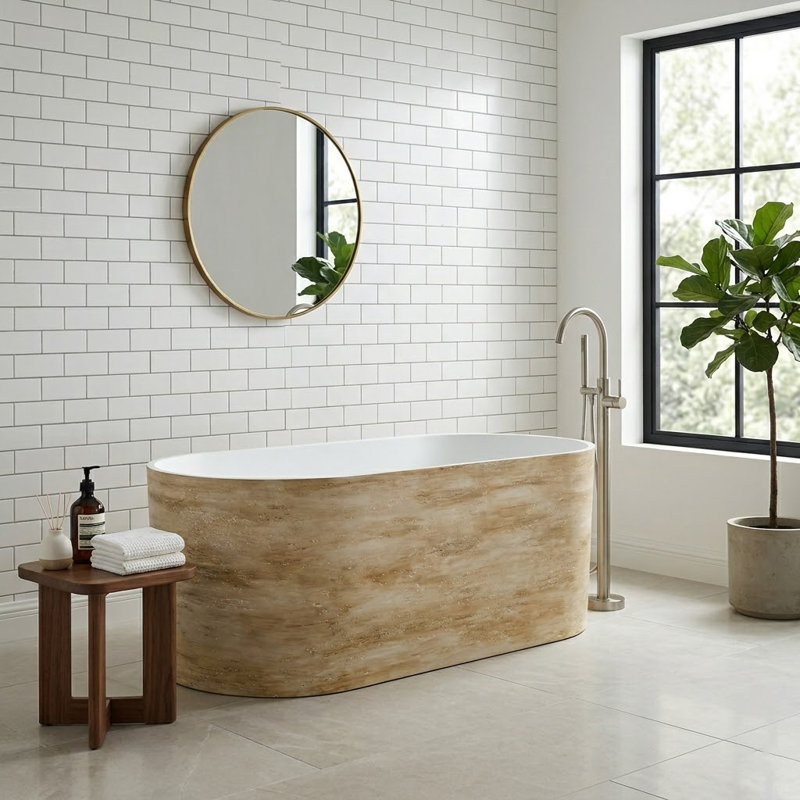 63" Solid-surface Freestanding Tub — Matte White Interior Wood-tone Exterior With Recessed Dimple Texture