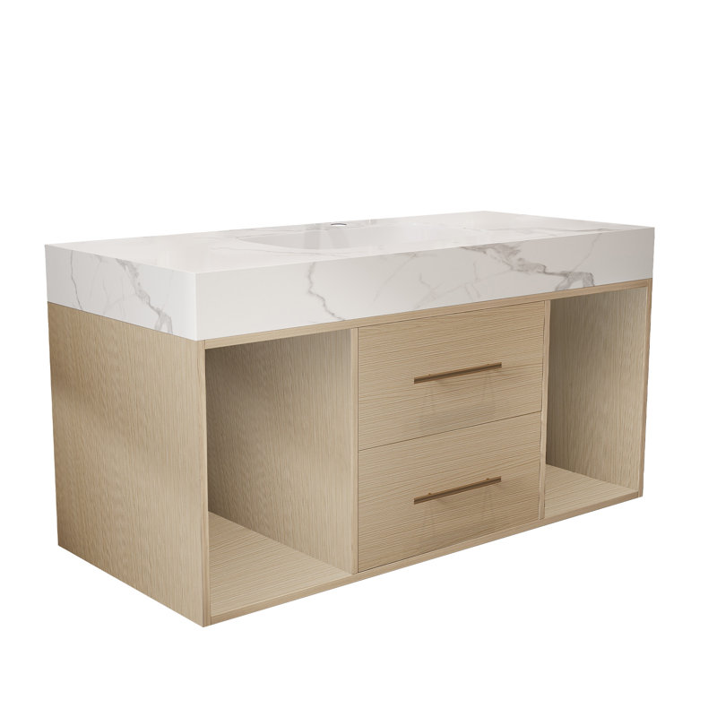 Meuble-lavabo flottant avec lavabo et tiroir mural à fermeture en douceur, Blanc / bois