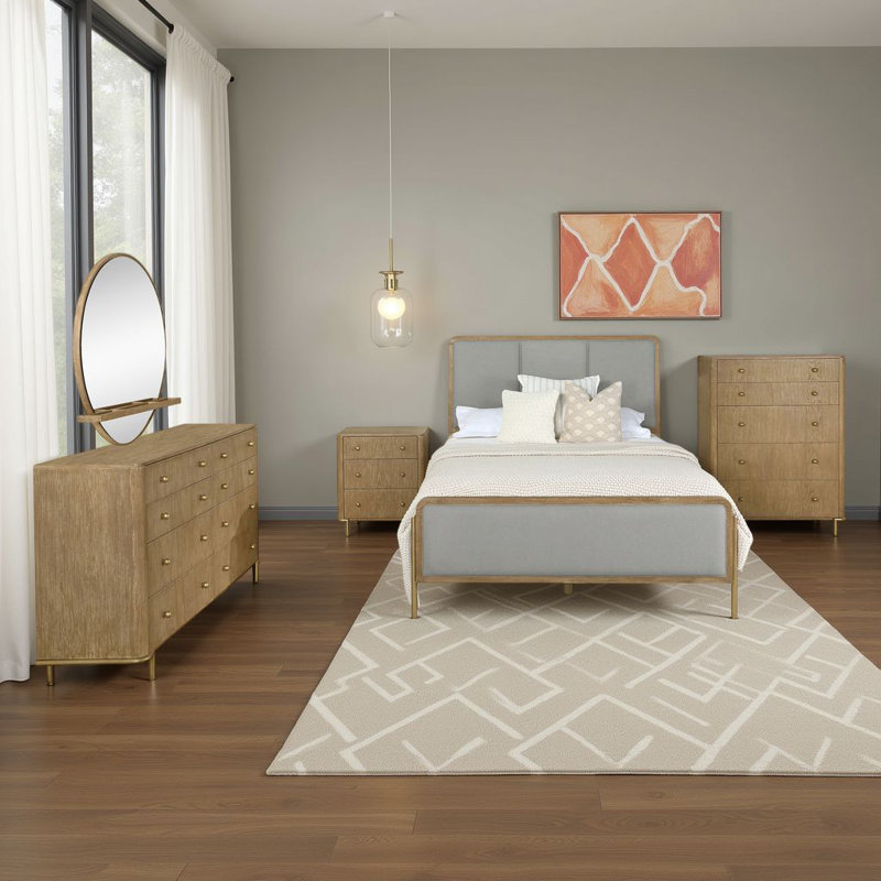 Ensemble de chambre avec grand lit 5 pièces Fij, miroir de commode, brun sable, revêtement gris, Grand lit