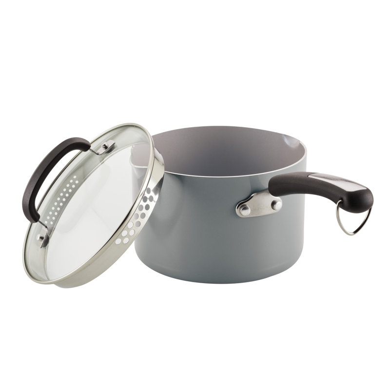 Gray Aluminum Nonstick Saucier with Pour Spout and Lid