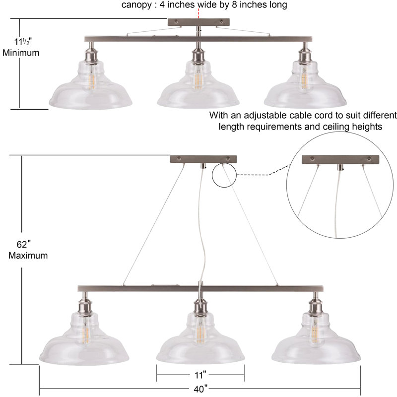 Luminaire suspendu linéaire à 3 lumières pour îlot de cuisine Weilers, Nickel brossé