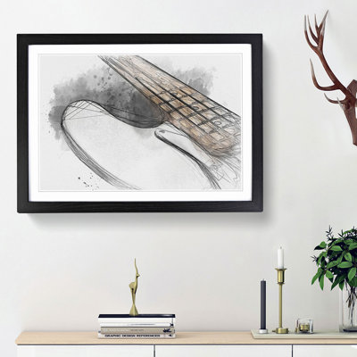 Strings of a White Bass Guitar in Abstract - Framed Print