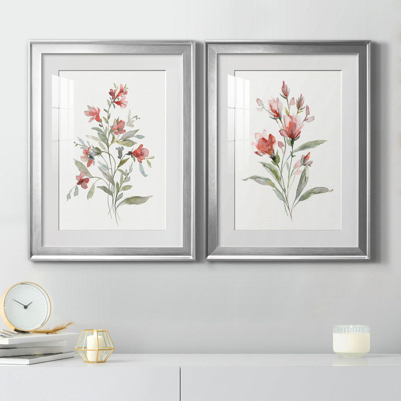 Lin botanique corail III - ensemble de 2 reproductions d'art, H 18,5 po x l 49 po x P 1,5 po, Papier avec cadre argenté