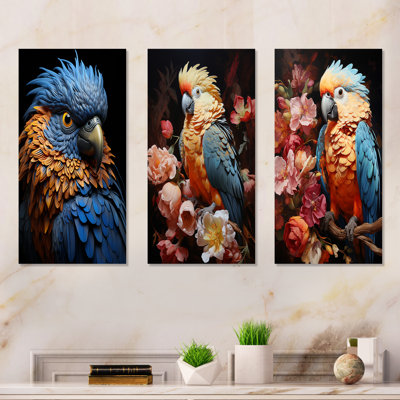 Blue And Yellow Mystical Plumage Tropical Rhapsody - Parrot Wall Decor Set Of 3