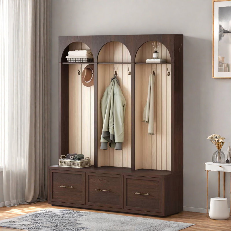 Farmhouse Wooden Style Hall Tree With Arched Design, Bench, 8 Retro Hooks, And 3 Drawers, Dark Walnut