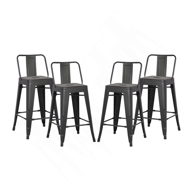 Tabouret de bar 24 po en métal de style rustique rustique avec dossier, tabouret de bar de cuisine léger et robuste, ensemble de 4 - noir mat