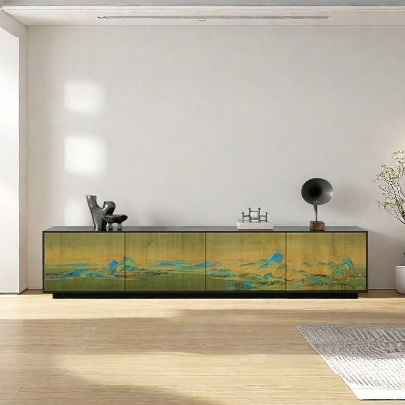 Meuble télé en bois de pin naturel, Noir/vert, 70.86"