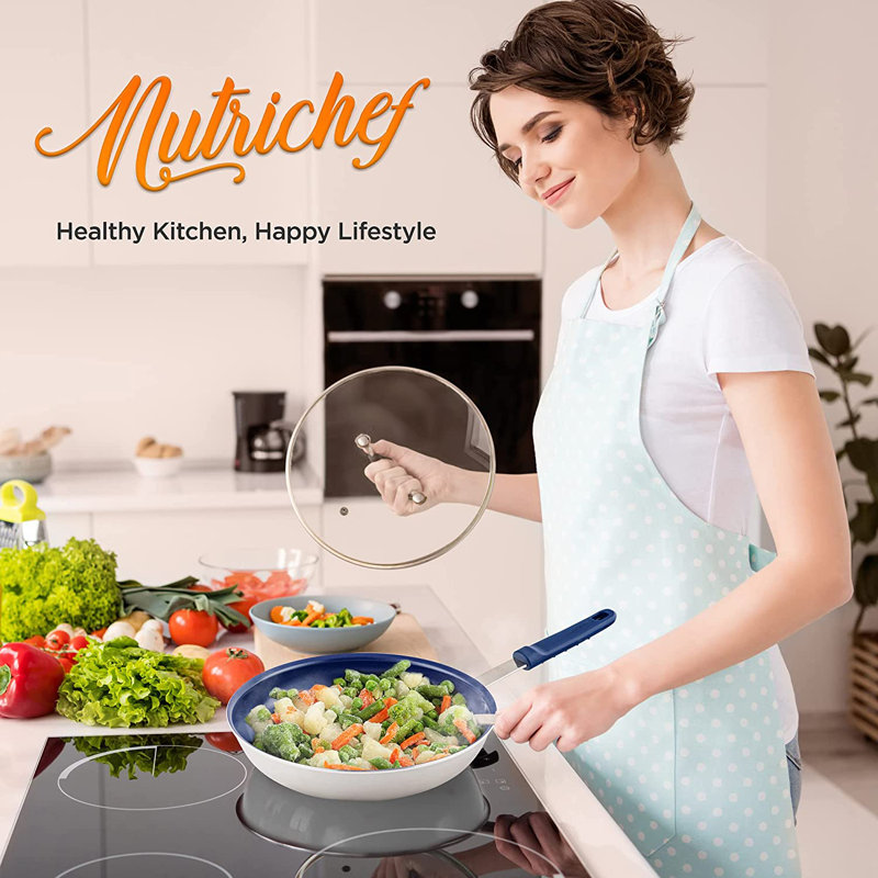 NutriChef 12" Blue Nonstick Aluminum Fry Pan with Lid