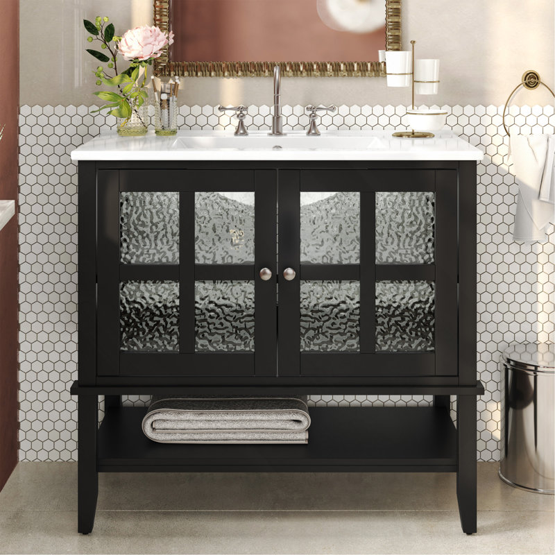 Meuble-lavabo 36 po avec lavabo en céramique, Noir