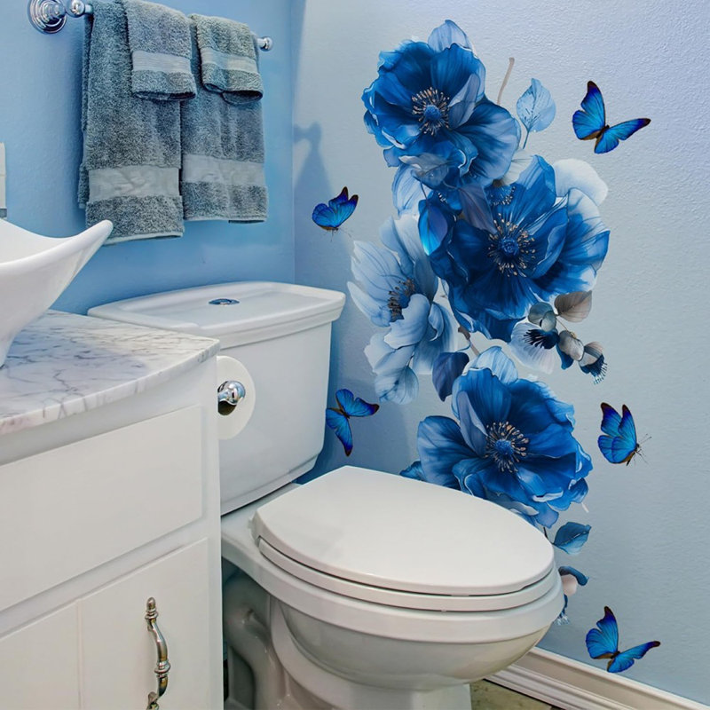 Autocollants muraux fleurs bleues, pivoines autocollantes