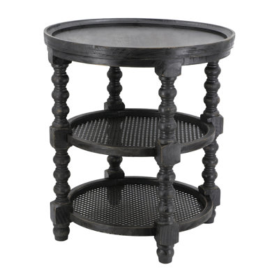 Round Black Side Table With Shelves - Wood For Durability Shelf Turned Leg Support