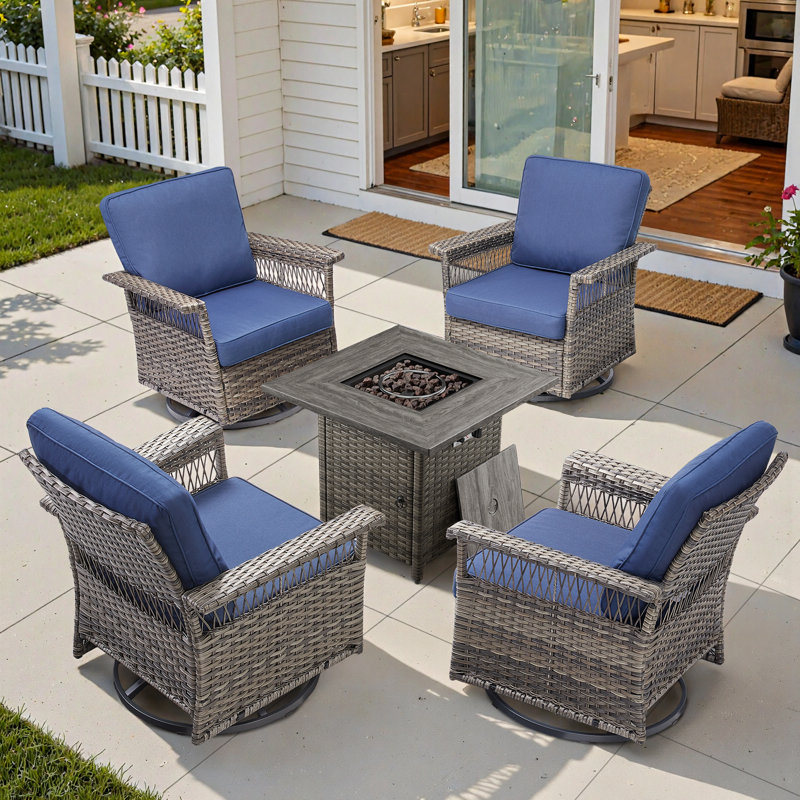 Ensemble de conversation avec chaises d'extérieur pivotantes 5 pièces Anferney, Bleu