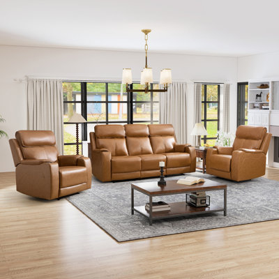 Ensemble de salon inclinable électrique en cuir véritable 3 pièces: deux fauteuils inclinables + canapé avec appui-tête réglable, recharge USB et sans fil