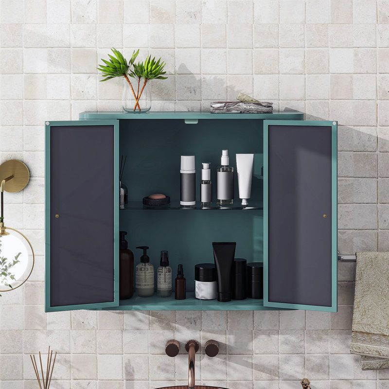 Black Wall-Mounted Bathroom Cabinet With Mirror, 2 Mirrored Doors & Open Shelf, Farmhouse Metal Frame Storage Cabinet With Open Compartment For Vanity, Toilet & Over-The-Sink