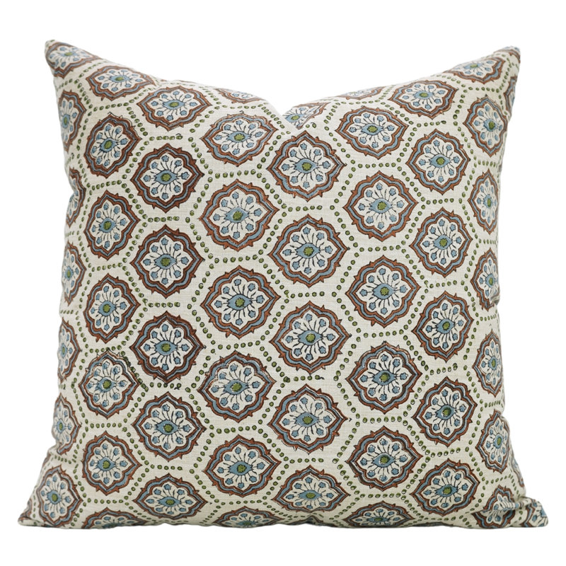 Housse de coussin à la main moderne à motif de blocs bohème imprimé Charkha, tissu de lin, décoration artisanale de taille 14 po x 14 po