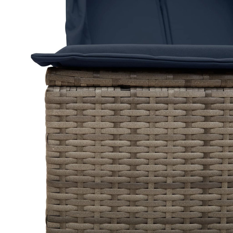  Double méridienne double avec toit et rideaux en poly rotin gris, Coussin bleu marine / structure grise