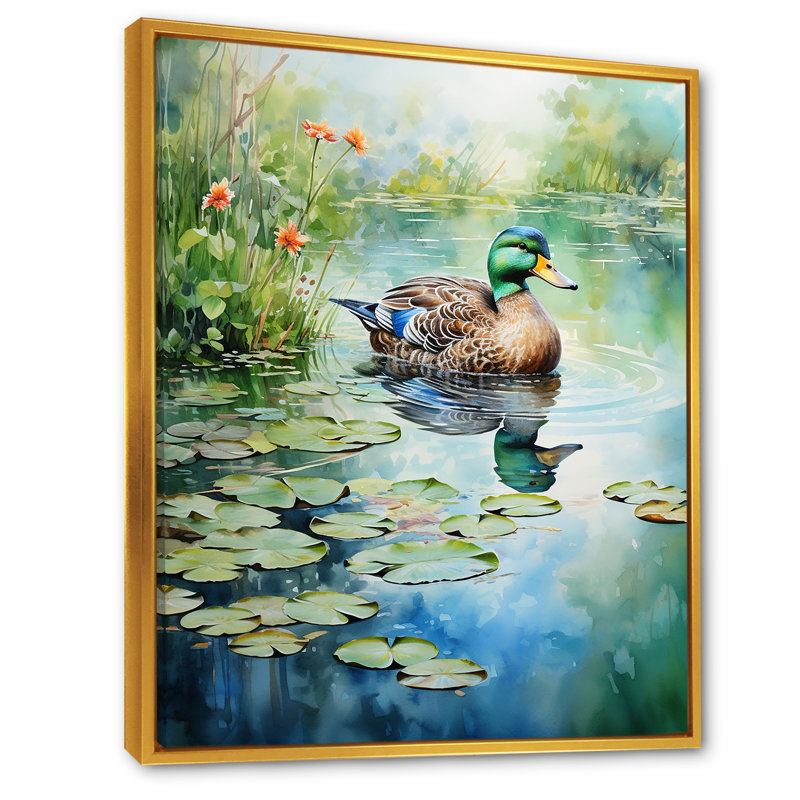 Duck Pond Reflections IV - Duck Animal, art mural, Cadre flottant doré, H 20 po x l 12 po x P 1 po
