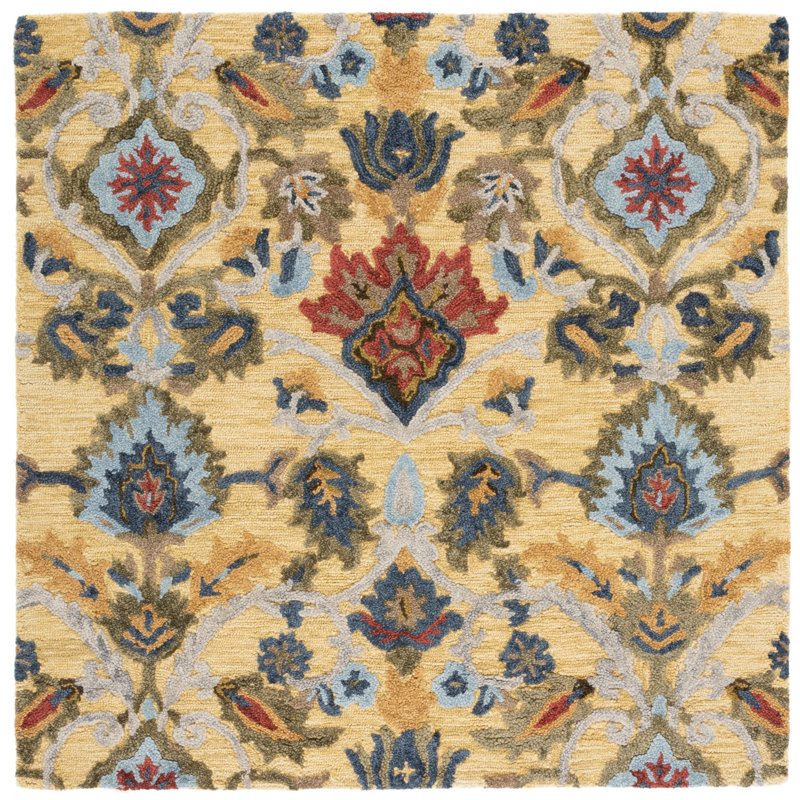 Haimes Hand Tufted Wool Floral Rug, Square 4', Gold/Navy