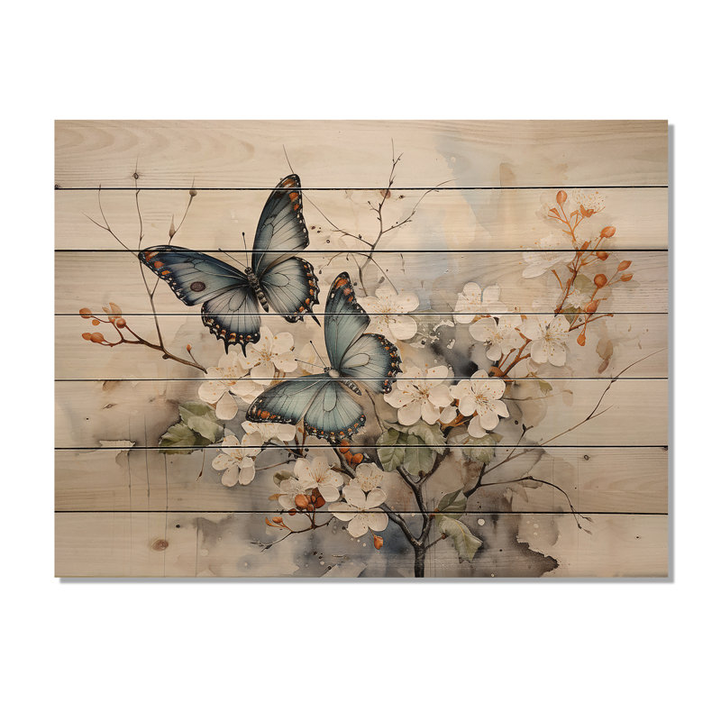 Bernadeta, papillon bleu, blanc, aperçu de sérendipité sur bois, H 30 po x l 40 po x P 0,78 po
