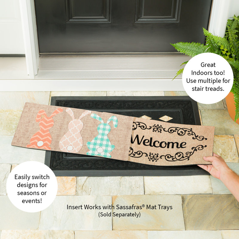 Spring Holidays Pattern Bunnies Burlap Sassafras Switch 22 in. x 10 in. Non-Slip Outdoor Door Mat
