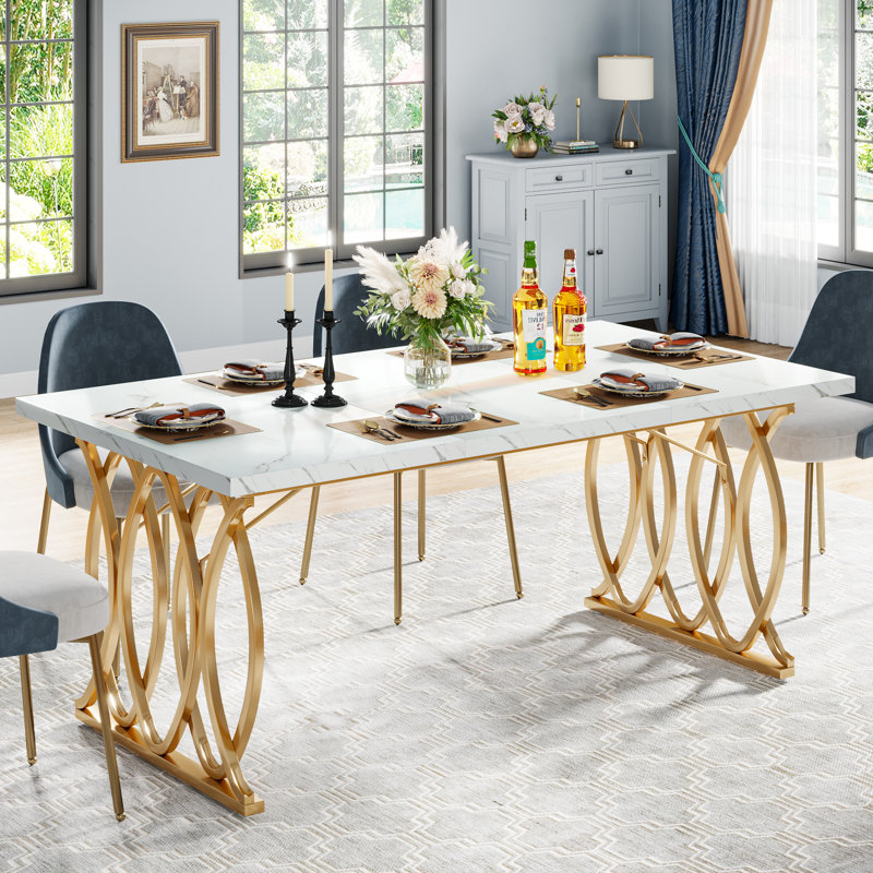 63" Modern White And Gold Dining Table, Unique Rectangular Kitchen Table