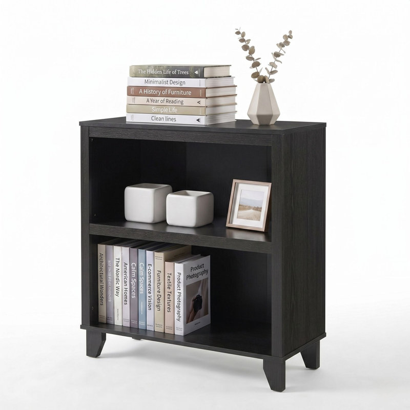 2-tier Open Bookshelf, 27.56"W Engineered Wood Storage, Shelf With Legs For Living Room, Bedroom, Home Office, Black, Black