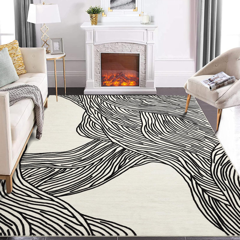 Rectangle Striped Washable Area Rug, Black, Rectangle 160 x 230 cm
