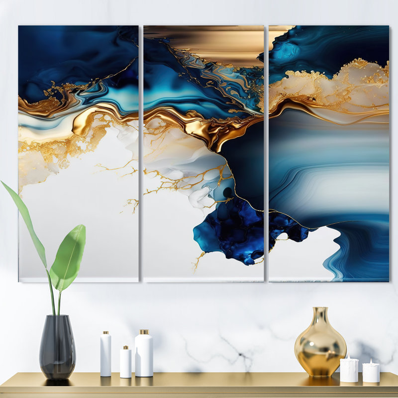 «Abstract Geode Gold and Blue Marble I», reproduction sur toile 3 pièces, H 28 po x l 36 po x P 1 po, Toile tendue