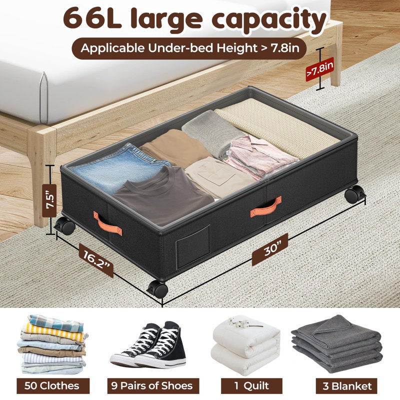 Under Bed Storage Bins with Lids and Wheels, Rolling Storage Drawers for Clothes, Shoes, and Blankets, 2 Pack (Black)