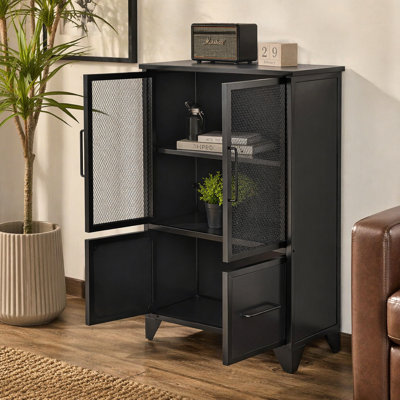 Armoire de rangement avec 4 portes en fer, poignée en métal noir, buffet avec tablette réglable, cadre en métal robuste noir et pieds en métal, facile à assembler, pour le salon, la cuisine, noir